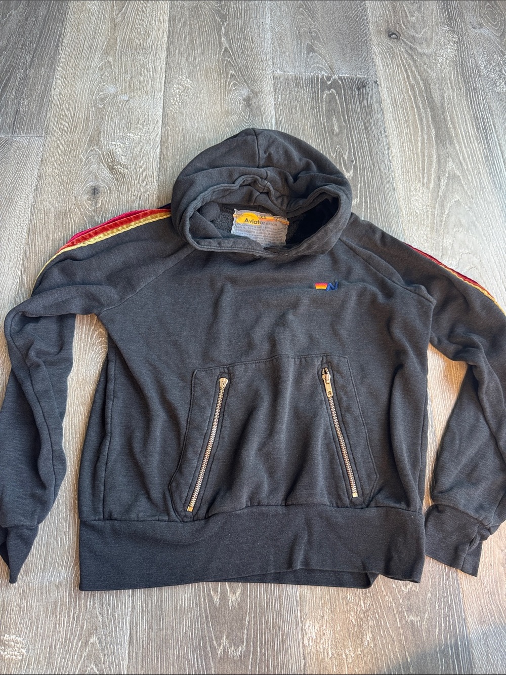 Aviator Nation Black Hoodie with Red & Yellow Velour Stripe AZ0696